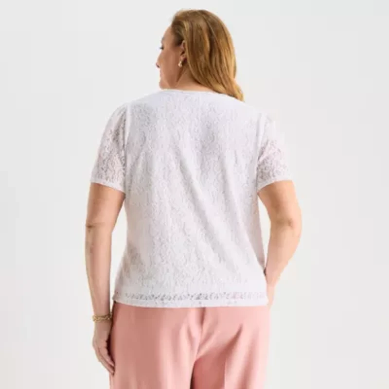 Liz Claiborne Womens Plus Round Neck Short Sleeve Lace Blouse