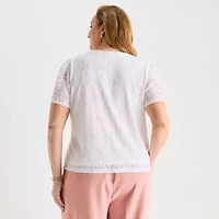 Liz Claiborne Womens Plus Round Neck Short Sleeve Lace Blouse