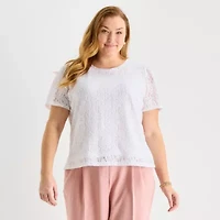 Liz Claiborne Womens Plus Round Neck Short Sleeve Lace Blouse