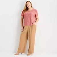 Liz Claiborne Womens Plus Crew Neck Short Sleeve Lace Blouse