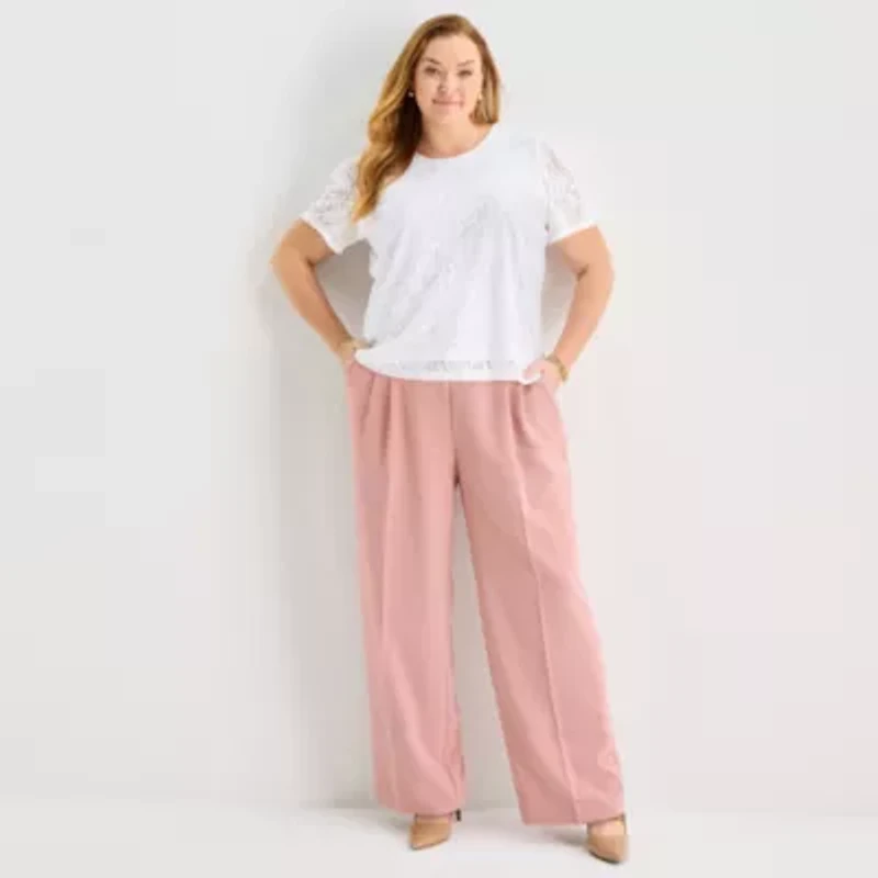 Liz Claiborne Womens Plus Round Neck Short Sleeve Lace Blouse