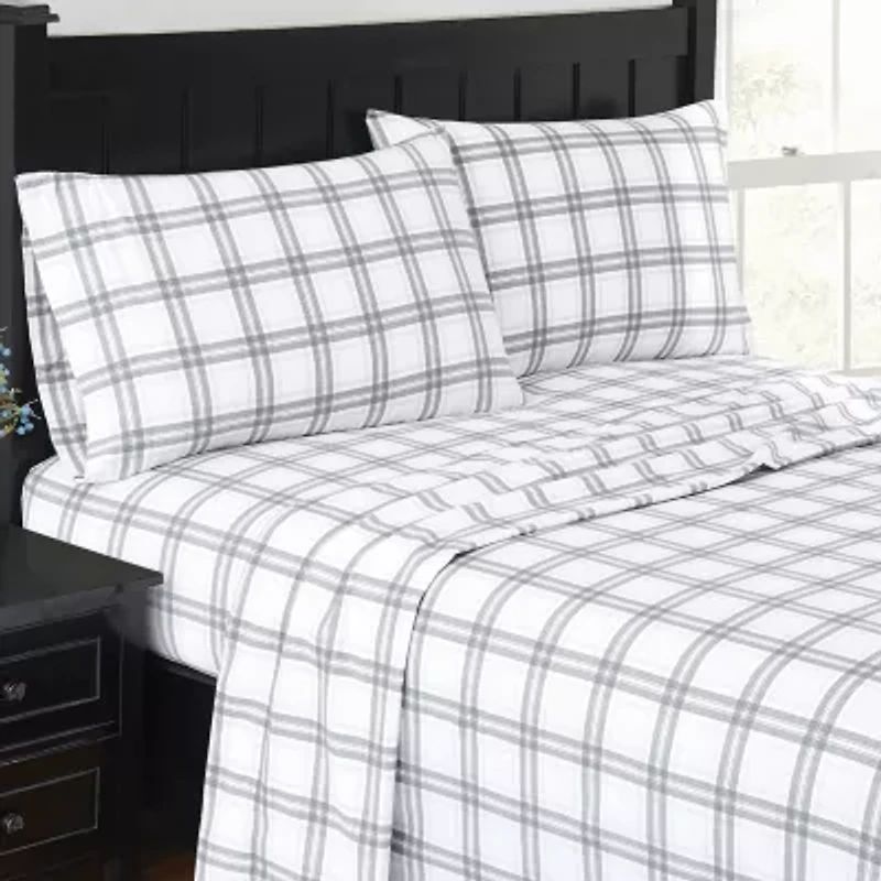 London Fog Grey Plaid Flannel Sheet Set