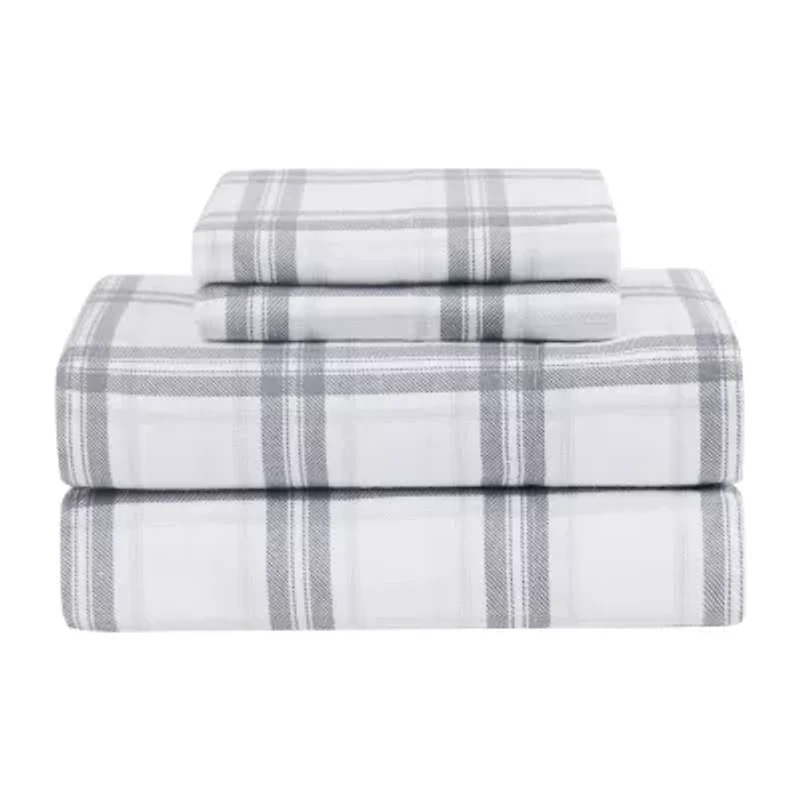 London Fog Grey Plaid Flannel Sheet Set