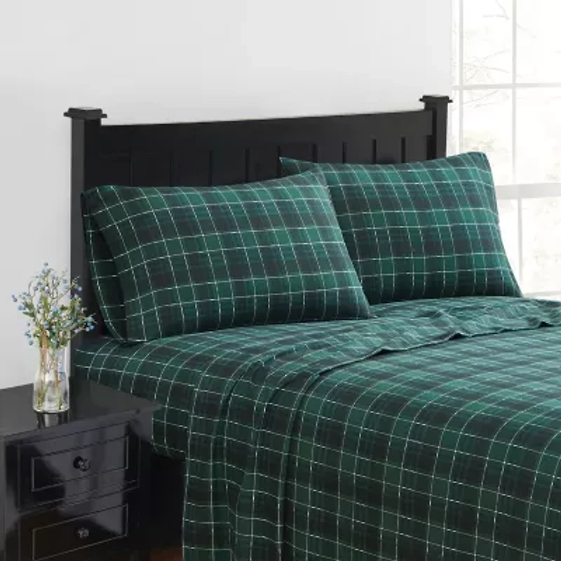 London Fog Green Plaid Flannel Sheet Set