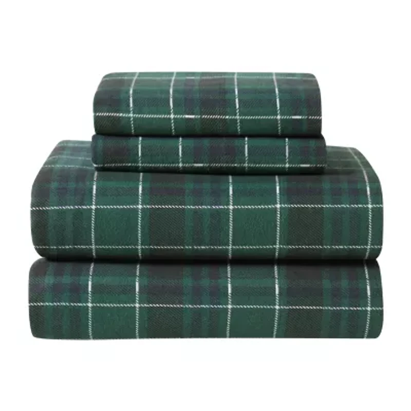 London Fog Green Plaid Flannel Sheet Set