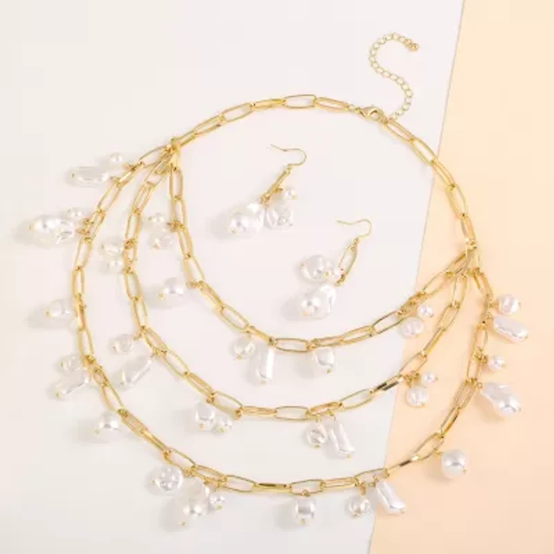 Bold Elements Gold Tone Statement Necklace & Drop Earrings Womens White Simulated Pearl Round 2-pc. Jewelry Set