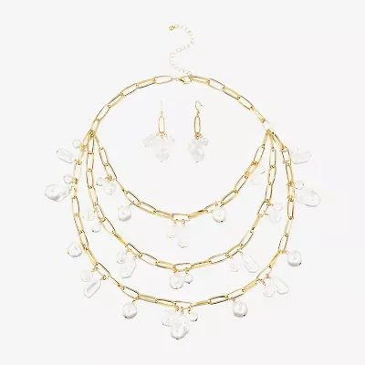 Bold Elements Gold Tone Statement Necklace & Drop Earrings Womens White Simulated Pearl Round 2-pc. Jewelry Set