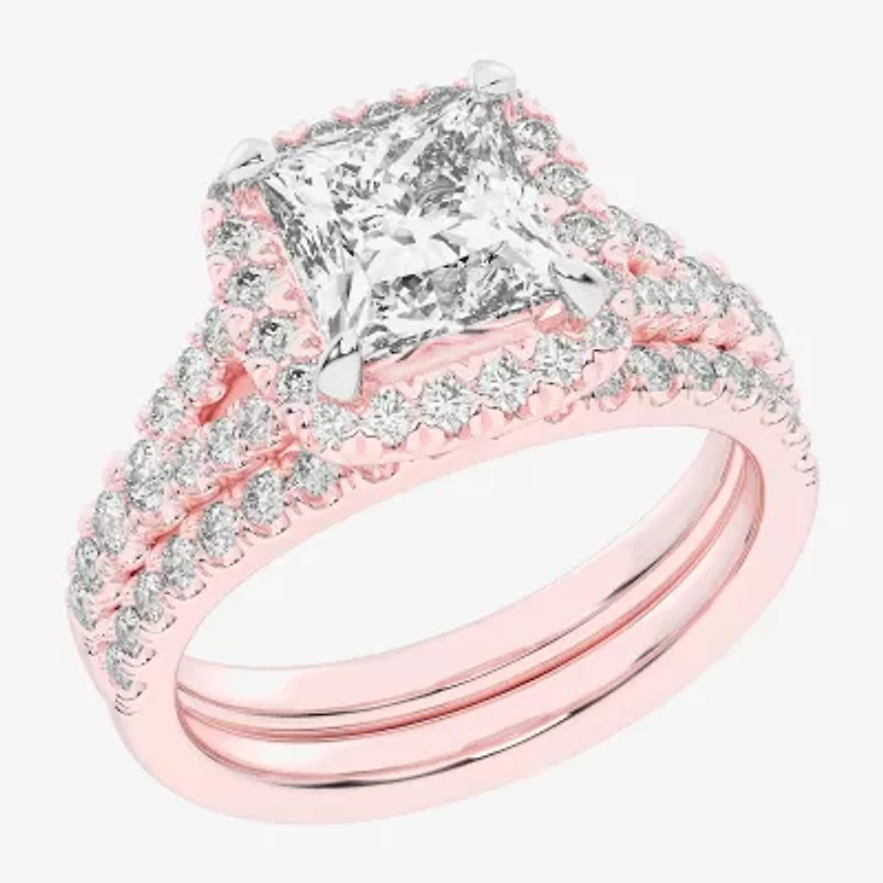 G-H / Si1-Si2) Womens CT. T.W. Lab Grown White Diamond 14K Gold Side Stone Halo Bridal Set