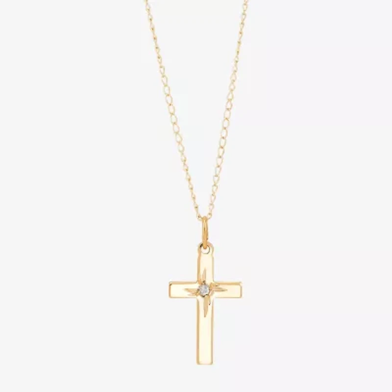 Girls White Diamond 14K Gold Cross 13 Inch Pendant Necklace