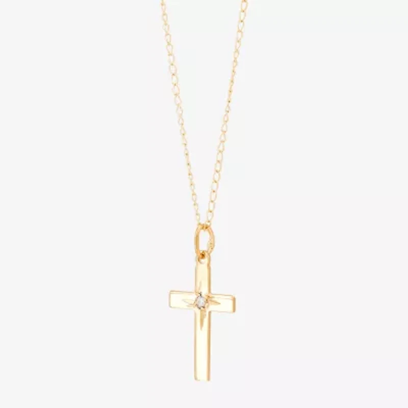 Girls White Diamond 14K Gold Cross 13 Inch Pendant Necklace