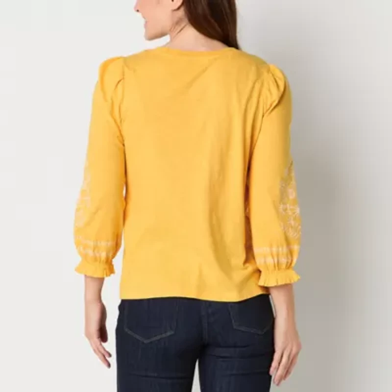 St. John's Bay Womens Round Neck 3/4 Sleeve Embroidered Blouse