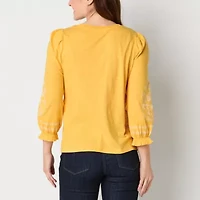 St. John's Bay Womens Round Neck 3/4 Sleeve Embroidered Blouse