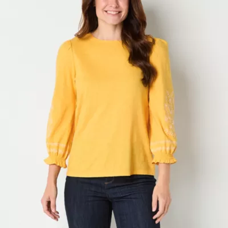 St. John's Bay Womens Round Neck 3/4 Sleeve Embroidered Blouse