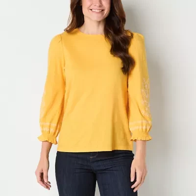 St. John's Bay Womens Round Neck 3/4 Sleeve Embroidered Blouse