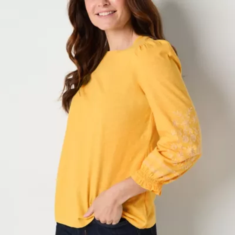 St. John's Bay Womens Round Neck 3/4 Sleeve Embroidered Blouse