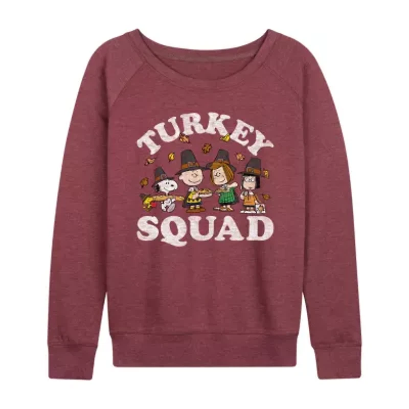 Peanuts Turkey Squad Womens Crew Neck Long Sleeve Regular Fit Graphic T-Shirt