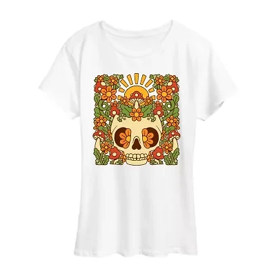 Floral Skull Womens Crew Neck Short Sleeve Regular Fit Graphic T-Shirt