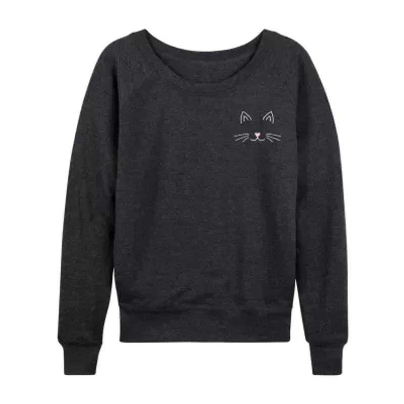 Cat Face Womens Round Neck Long Sleeve Regular Fit Graphic T-Shirt