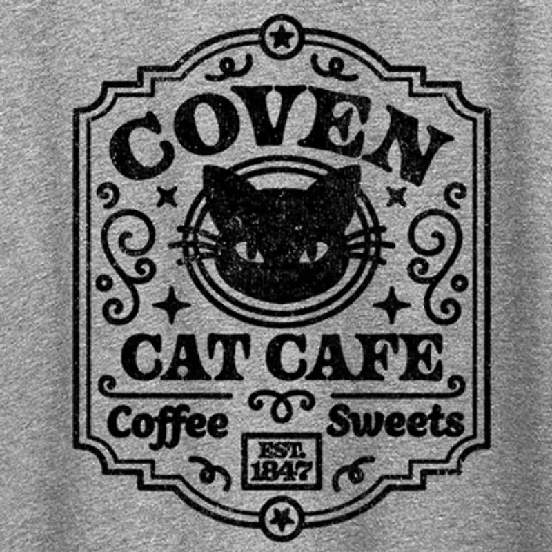 Coven Cat Cafe Womens Crew Neck Short Sleeve Regular Fit Graphic T-Shirt