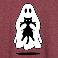 Ghost Holding Black Cat Womens Round Neck Long Sleeve Regular Fit Graphic T-Shirt