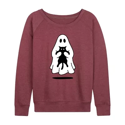 Ghost Holding Black Cat Womens Round Neck Long Sleeve Regular Fit Graphic T-Shirt
