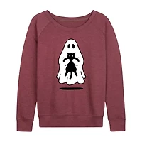 Ghost Holding Black Cat Womens Round Neck Long Sleeve Regular Fit Graphic T-Shirt
