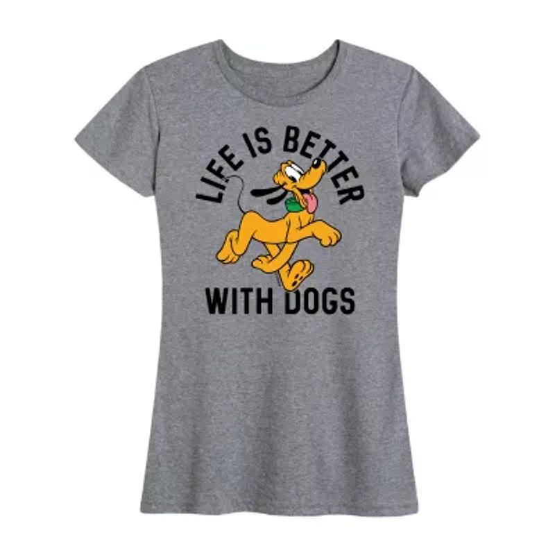 Pluto Life With Dogs Womens Crew Neck Short Sleeve Regular Fit Graphic T-Shirt