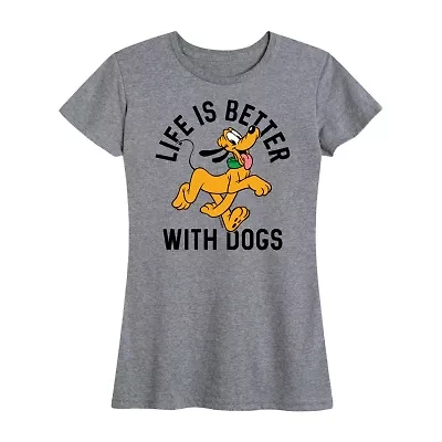 Pluto Life With Dogs Womens Crew Neck Short Sleeve Regular Fit Graphic T-Shirt