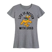 Pluto Life With Dogs Womens Crew Neck Short Sleeve Regular Fit Graphic T-Shirt