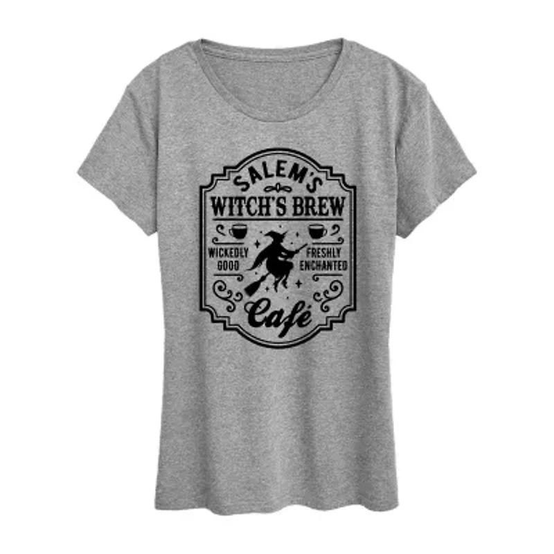 Salems Witch Brew Cafe Womens Crew Neck Short Sleeve Regular Fit Graphic T-Shirt