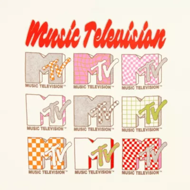 MTV Grid Oversized Tee Womens Juniors Crew Neck Short Sleeve Graphic T-Shirt