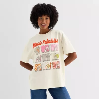 MTV Grid Oversized Tee Womens Juniors Crew Neck Short Sleeve Graphic T-Shirt