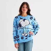 Juniors Womens Crew Neck Long Sleeve Peanuts Snoopy Pullover Sweater