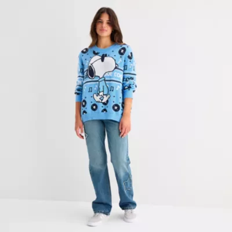 Juniors Womens Crew Neck Long Sleeve Peanuts Snoopy Pullover Sweater