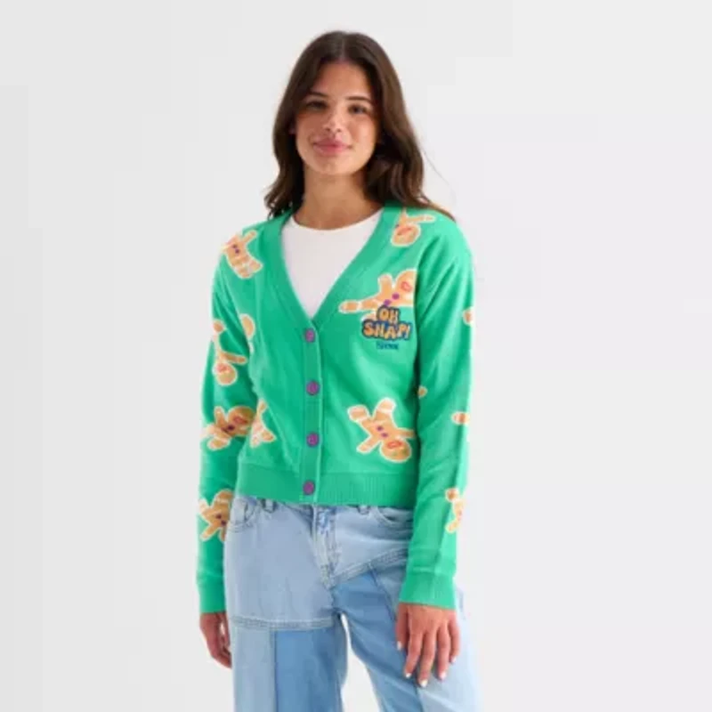 Shreck Ginger Bread Man Womens V Neck Long Sleeve Button Juniors Cardigan