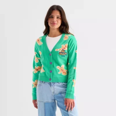 Shreck Ginger Bread Man Womens V Neck Long Sleeve Button Juniors Cardigan