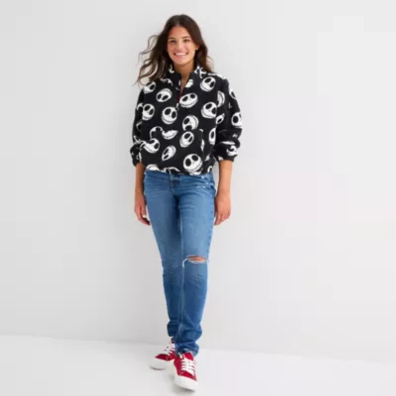 Womens Juniors Mock Neck Long Sleeve Nightmare Before Christmas Quarter-Zip Pullover