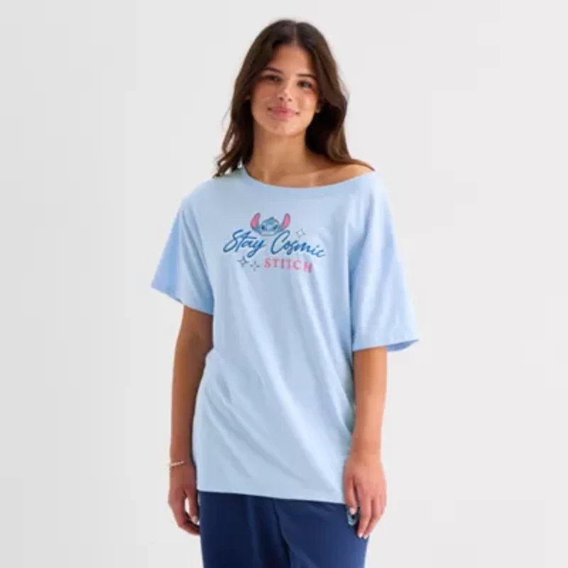 Stitch Off The Shoulder Tee Womens Juniors Crew Neck Short Sleeve Regular Fit Graphic T-Shirt
