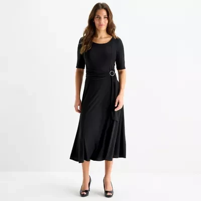 Perceptions Womens Elbow Sleeve Midi Fit + Flare Dress