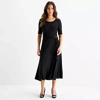 Perceptions Womens Elbow Sleeve Midi Fit + Flare Dress