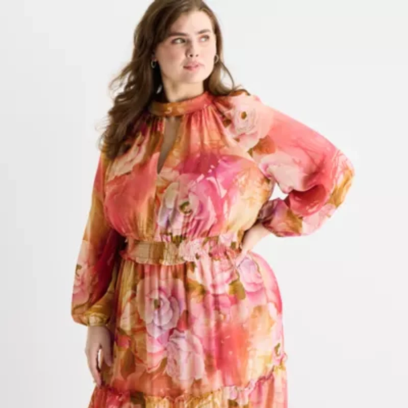 Melonie T Womens Plus Long Sleeve Floral Maxi Dress