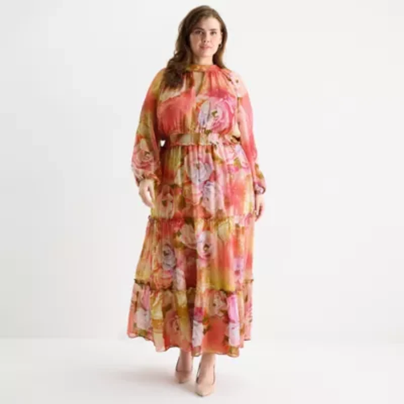 Melonie T Womens Plus Long Sleeve Floral Maxi Dress