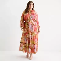 Melonie T Womens Plus Long Sleeve Floral Maxi Dress