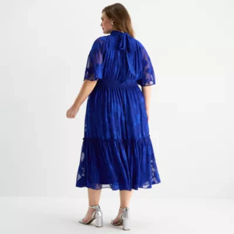 Melonie T Womens Plus Short Sleeve Midi Fit + Flare Dress