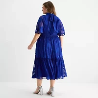 Melonie T Womens Plus Short Sleeve Midi Fit + Flare Dress