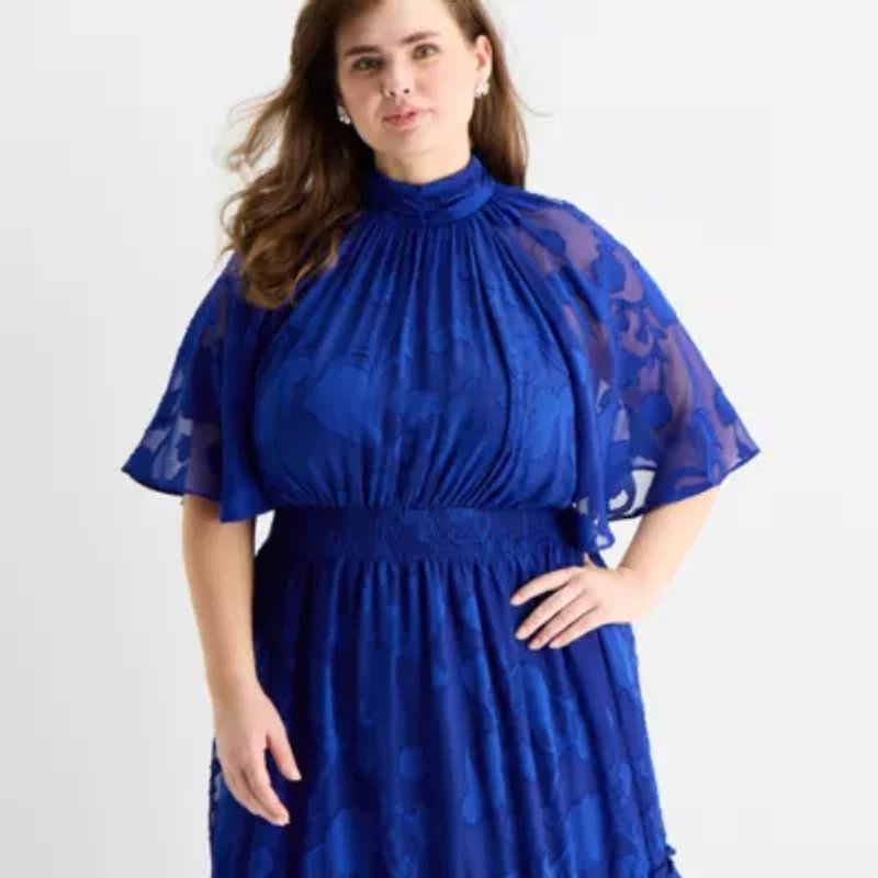 Melonie T Womens Plus Short Sleeve Midi Fit + Flare Dress