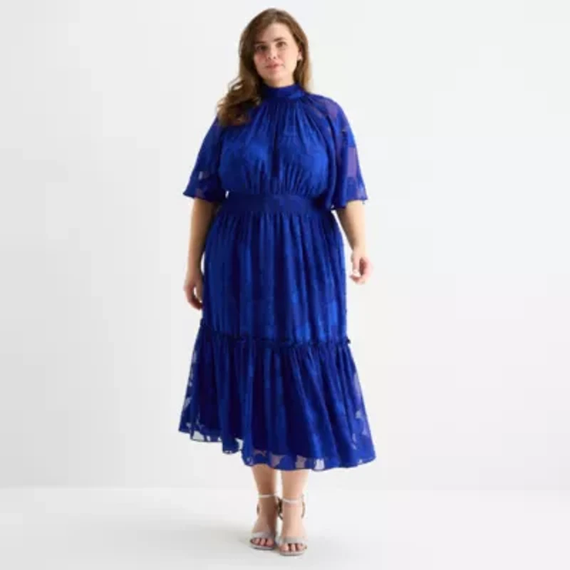 Melonie T Womens Plus Short Sleeve Midi Fit + Flare Dress