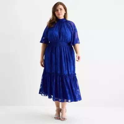 Melonie T Womens Plus Short Sleeve Midi Fit + Flare Dress