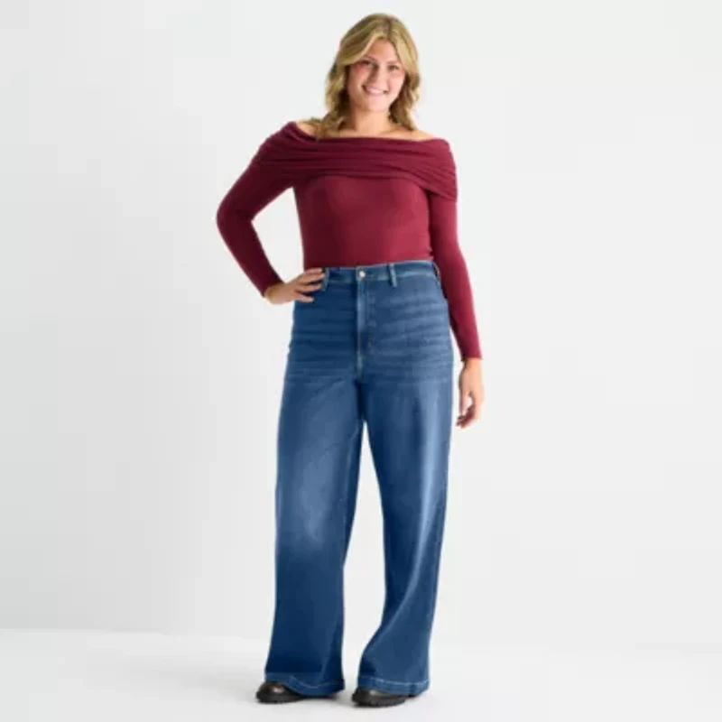 Arizona Womens Juniors Plus Highest Rise Wide Leg Jean