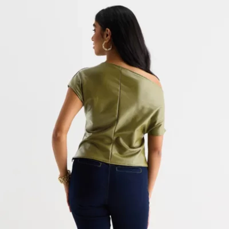 Bold Elements Womens Asymmetrical Neck Short Sleeve Blouse